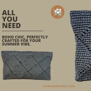 ICONIUM Handwoven Straw Clutch, Crochet Raffia Bag, Summer Beach Purse, Paper Ro